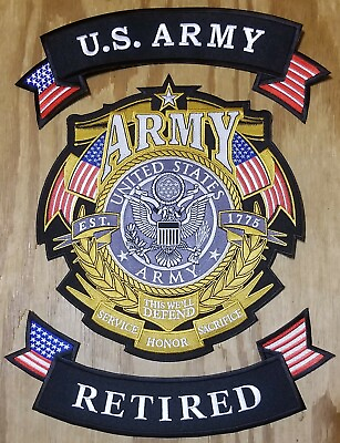 #ad US ARMY CUSTOM SHIELD quot;RETIREDquot; 11 inch Back Patch with Upper and Lower Rockers $45.31