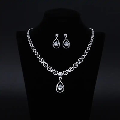 #ad Sparkling Wedding Party Jewelry Set Silver Earrings Necklace Cubic Zirconia $87.00