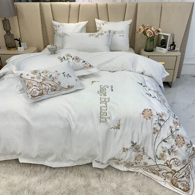 #ad 4pcs Bedding Set Luxury Cotton Embroidery Duvet Cover Flat Sheet 2 Pillow Shames $157.70