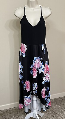 #ad Kilig Womens Black Floral Print Sleeveless Wrap Front Flow Hi Low Summer Dress M $14.99