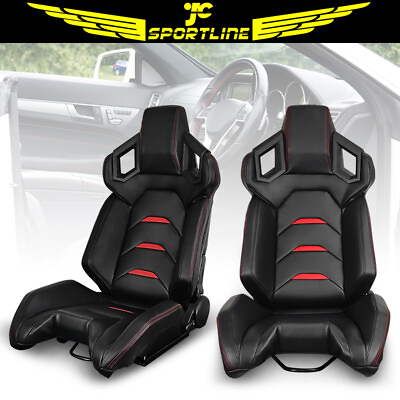#ad Universal Pair Racing Bucket Seats Dual Sliders Red Stripe PU Carbon Leather $519.99