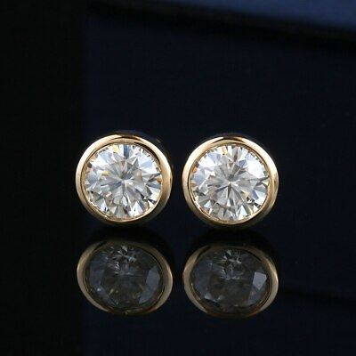 #ad Real Moissanite 2Ct Round Cut Bezel Stud Earrings 14K Yellow Gold Plated Silver $144.79