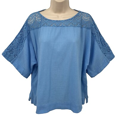 #ad Chico#x27;s Womens Dolman Sleeves Lace Shoulder Crochet Pullover Blue Blouse Size M $25.99