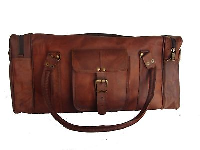 #ad Large Brown Leather Goathide Carry On Duffle Weekend Luggage Travel Bag USA Nice $58.99