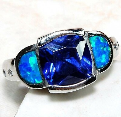 #ad 2CT Sapphire amp; Australian Opal Inlay 925 Solid Sterling Silver Ring Sz 6 AO2 $31.99