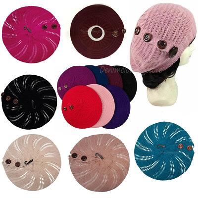 #ad #ad Women#x27;s Fall Spring Winter Crochet Knit Slouchy Beanie Beret Cap Hat 4 Buttons $8.45