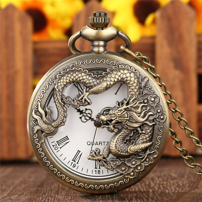 #ad Classical Pocket Watch Cool Dragon Case Roman Number Quartz Movement Long Chain AU $8.99