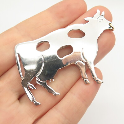 #ad 925 Sterling Silver Vintage Mexico Carved Cow Design Pin Brooch $77.99