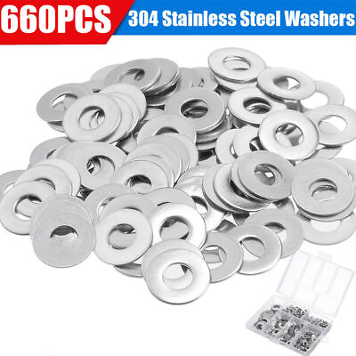 #ad 660 Pieces of 304 Stainless Steel Washers Flat Washer Assortment Set Kit 6 Sizes $6.25