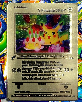 #ad Pokemon Birthday Pikachu Metal Gold Card Collectible Gift $10.99