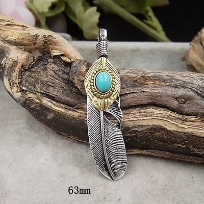 #ad 10 Carved Tibetan Silver Blue Turquoise Bead Feather Charms Pendant 63mm Jewelry $15.29