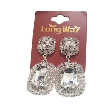 #ad Long Way Fashion Big Silver Plated Rhinestone Earrings NWT $10.39