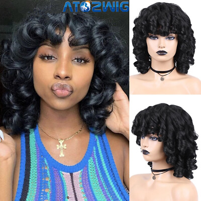#ad Synthetic Black Short Big Curly Wave Afro Wig With Bangs For Black Women New Cos $18.99