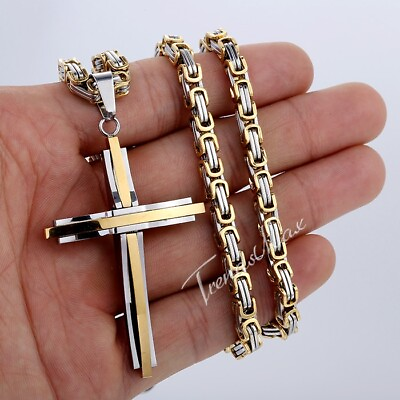 #ad Mens Silver Gold Plated Cross Pendant Necklace Stainless Steel Byzantine Chain $15.19