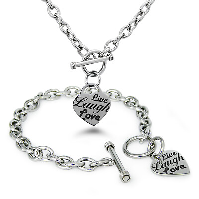 #ad Stainless Steel Live Laugh Love Heart Charm Bracelet Necklace Set $29.00