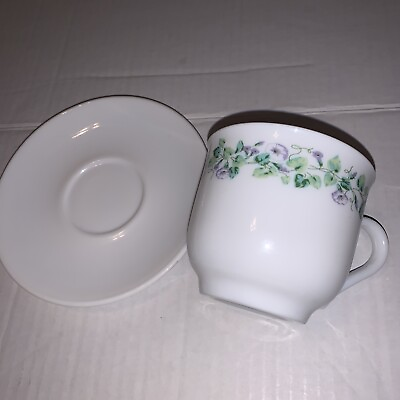 #ad Martha Stewart Everyday Tea Cup Saucer Set White With Flowers Purple Green Vines $8.00