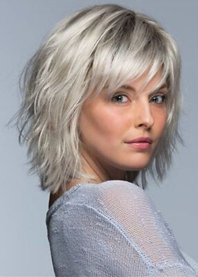 #ad Short Layered Hairstyle Women#x27;s silver Straight Synthetic Hair Capless Wigs $17.99