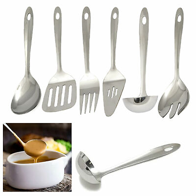 #ad 6 Pc Stainless Steel Cooking Serving Utensil Kitchen Server Tools Spatula Spoon $27.35