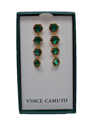 #ad Vince Camuto Crystal Drop Earrings Green Goldtone New In Box $18.99