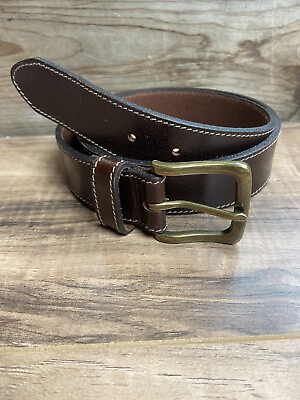 #ad Genuine Leather Mens 32 Belt Casual 1.25 Inch Brown White Stitching $18.88