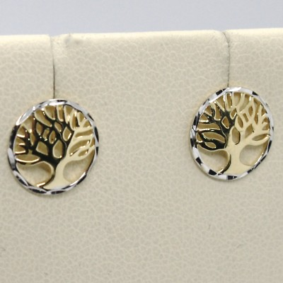 #ad 18K YELLOW amp; WHITE GOLD ROUND EARRINGS BEAUTIFUL TREE OF LIFE MADE IN ITALY $252.93