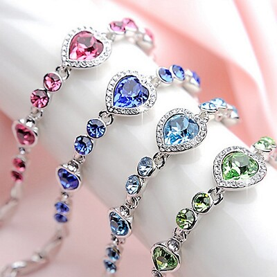 #ad 925 Silver Women Heart Crystal Zircon Chain Bracelet Bangle Cuff Wedding Jewelry C $4.06