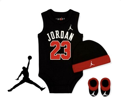 #ad Nike 6 12 Mths Baby 3 Piece Hat Bodysuit Booties Box Set Black Red Air Jordan $36.99