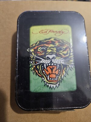 #ad Ed Hardy Designs Flip Top NuLite Lighter Green Tiger Design In Tin Box $14.99
