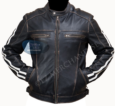 #ad Mens Biker Vintage Motorcycle Distressed Black Cafe Racer Leather Jacket $129.98