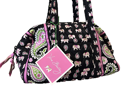 #ad NWT Vera Bradley Black and Pink Elephants Paisley Oblong Fabric Med Shoulder Bag $38.00