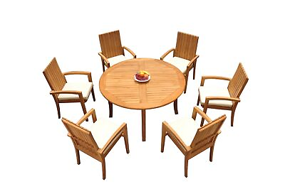 #ad DSGO A Grade Teak 7pc Dining Set 52quot; Round Table 6 Stackng Arm Chairs Outdoor $2324.57