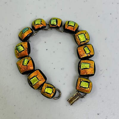 #ad Dichroic Glass Bracelet Cabochon 7.5 Inch Orange Yellow Geometric Metallic $11.99