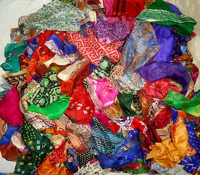 #ad LOT PURE SILK Antique Vintage Sari REMNANT Fabrics 100 GRAMS MIXED COLORS CRAFT $18.79