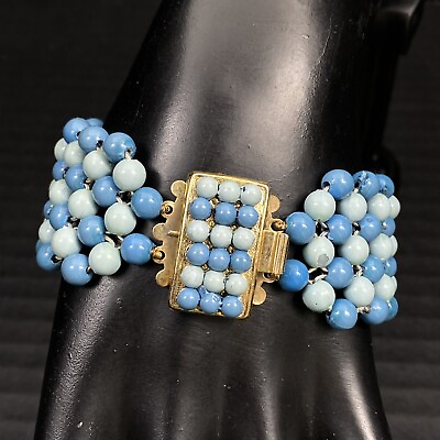 #ad Vintage Bracelet Beaded Box Clasps Blue Acrylic 7.5quot; x 1.25quot; $9.99