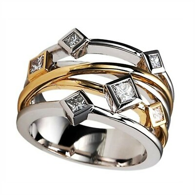 #ad Two Tone 925 Silver Party Ring Fashion Men Women Cubic Zircon Jewelry Sz 6 10 C $3.29