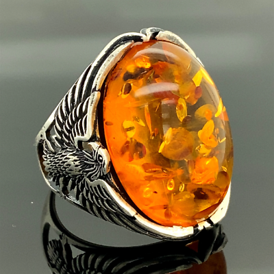 #ad Men Handmade Silver Ring Amber Oval Gemstone Mens Ring Eagle Figured Ring $75.00