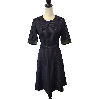 #ad Estee Lauder Navy Blue amp; White Pinstripe Tulip Style Fit amp; Flare Dress Size 8 $45.96
