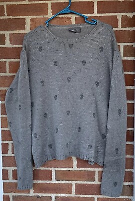 #ad Wooden Ships Womens M L Sweater Gray Black Skulls All Over Mohair Blend Pullover $38.99
