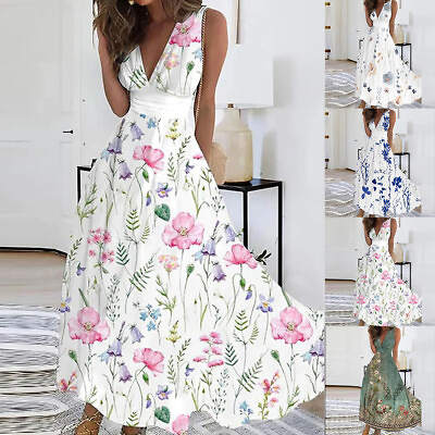 #ad Women Floral V Neck Maxi Dress Ladies Evening Party Holiday Beach Sundress $24.41