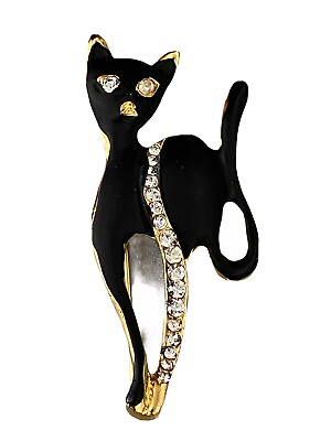 #ad Kitty Cat Brooch Pin Matte Black Gold Tone amp; Rhinestone Leg Halloween Pin $14.95