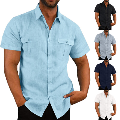 #ad Men Plain Short Sleeve Solid Shirts Beach Casual Button Down Formal Blouse Tops $18.89