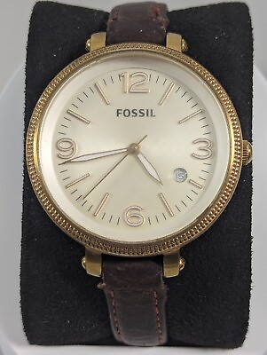 #ad Fossil Silver Tone Dial Date Indicator Gold Tone Round Case Brown Leather Watch $27.99