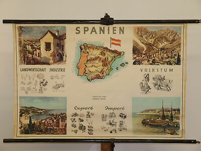 #ad Spain Picture Card Export Import Tourism 1960 Schulwandkarte Wall Map 39x26in $178.59