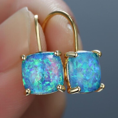 #ad New Rectangle Blue White Fire Opal Gems 18K Gold 925 Silver Hook Drop Earrings $9.85