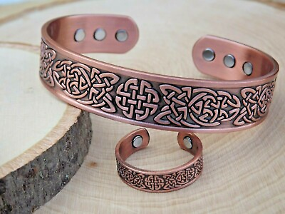#ad Solid Copper Magnetic Bracelet amp; Ring Set Arthritis Men Cuff Ring Celtic $8.75