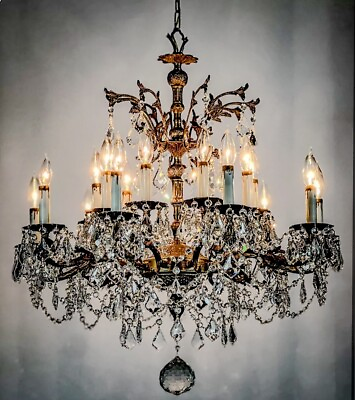 #ad Grand 18Lt Antique French Brass Farmhouse Chandelier Glass Crystals 1940’s Old $3250.00