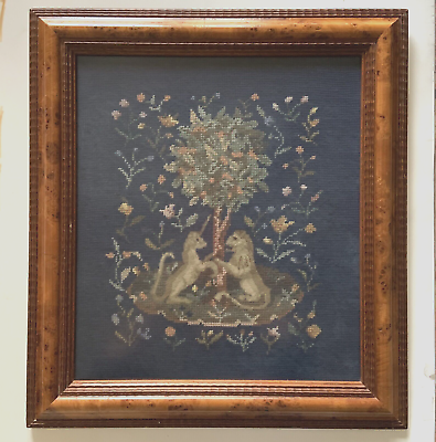 #ad Medieval style Unicorn and Lion around a tree needlepoint art in burl wood frame $115.95