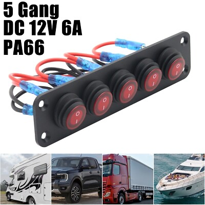 #ad 12V 6A 5 Gang Round Rocker Switch Red LED Light ON Off 3 Pin for Car Boat RV $18.69