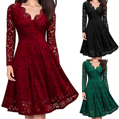 #ad Womens Lace Long Sleeve Midi Dress Ladies V Neck Evening Party Swing Dresses US $36.69