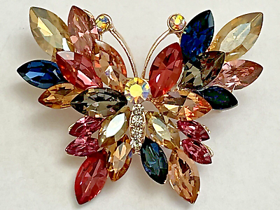 #ad Butterfly Crystal Rhinestone Brooch Pin MultiColor Pink Glass Insect Vintage Bug $15.89